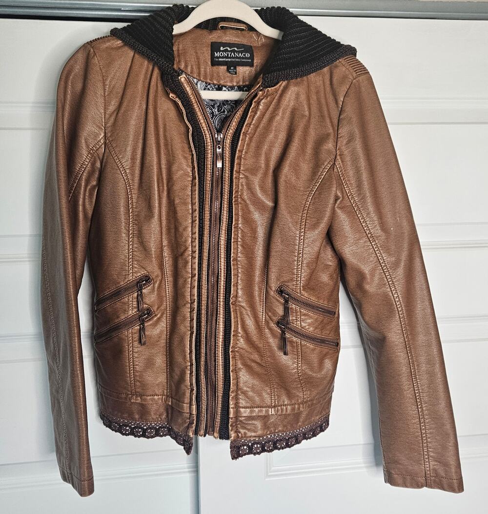 Montanaco Brown Faux Leather Hooded Moto Jacket - Size M Lace Trim Accent